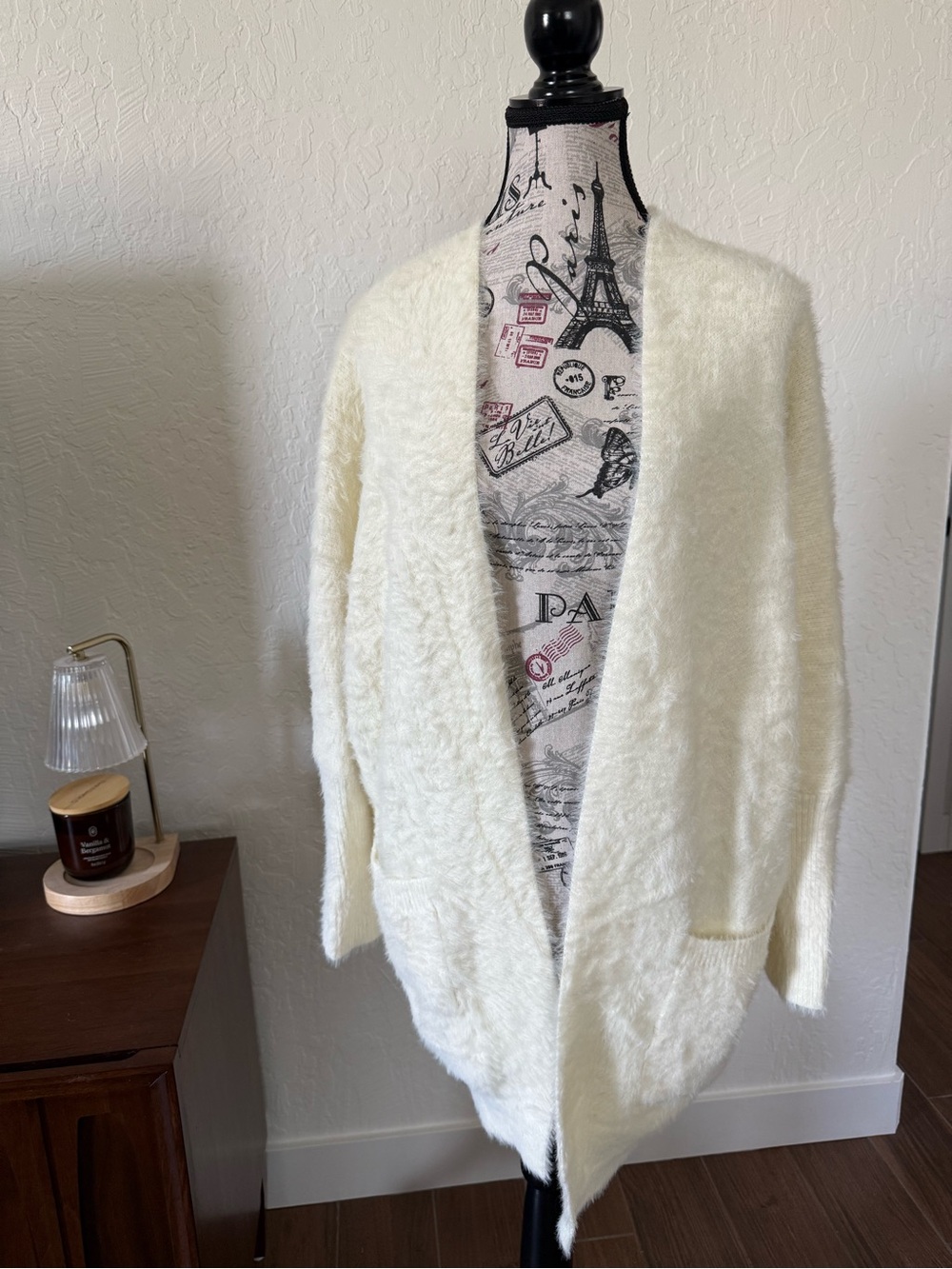 Pink Martini Cream Open-Front Fuzzy Cardigan